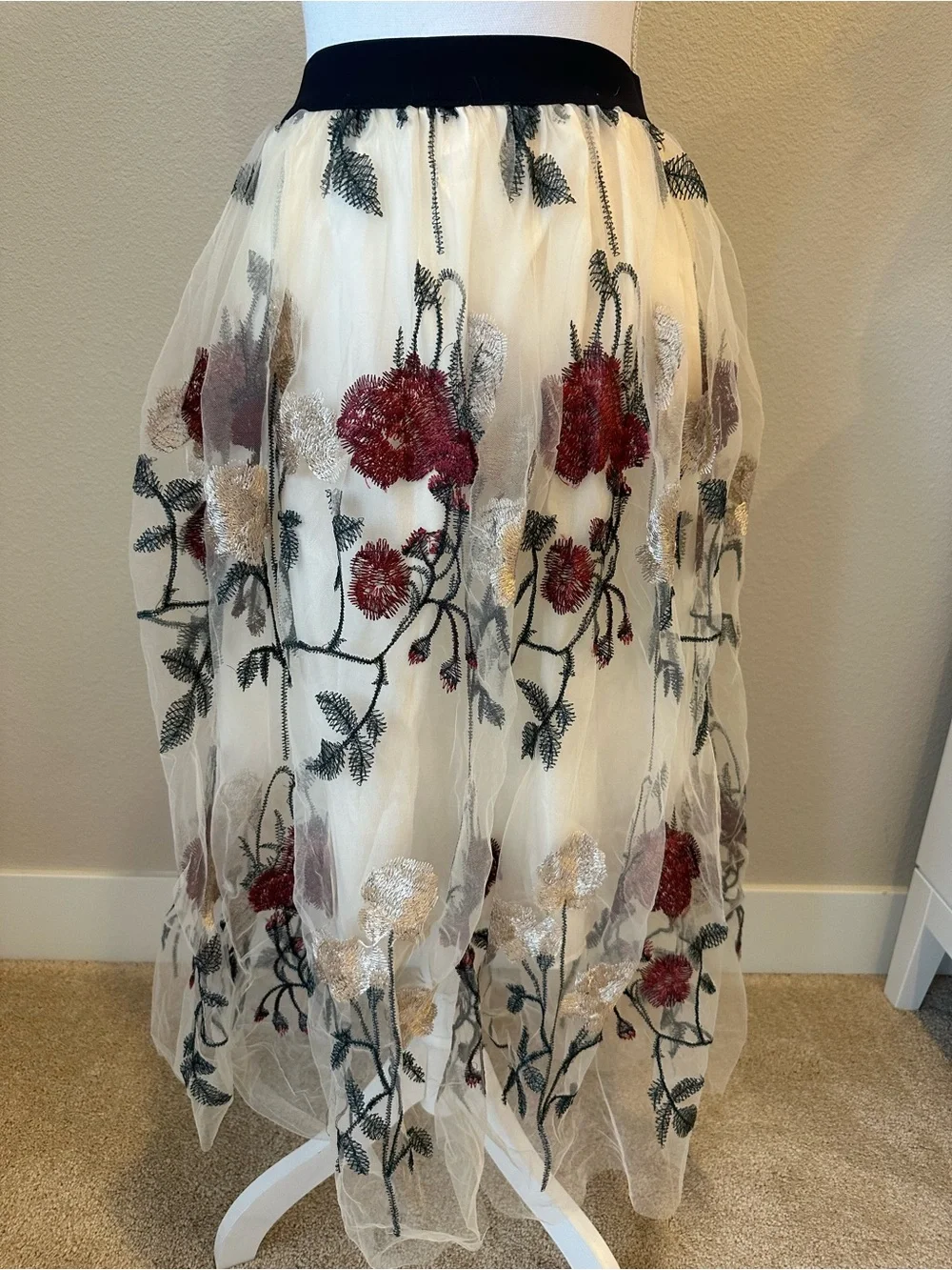 Chicwish Ivory Tulle Midi Skirt with Black Waistband and Red Floral Embroidery - Picture 2 of 3
